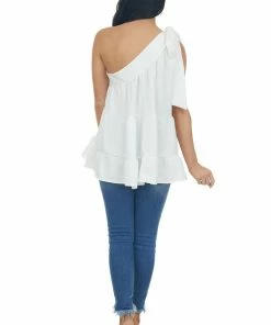 Entro White Silky One Shoulder Tied Strap Tiered Top