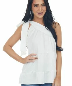Entro White Silky One Shoulder Tied Strap Tiered Top