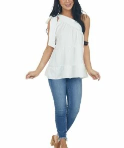 Entro White Silky One Shoulder Tied Strap Tiered Top