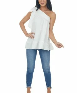 Entro White Silky One Shoulder Tied Strap Tiered Top