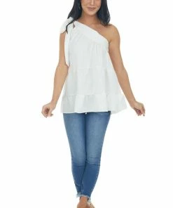 Entro White Silky One Shoulder Tied Strap Tiered Top