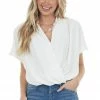143 Story White Surplice Blouson Textured Woven Bodysuit Tops