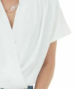 143 Story White Surplice Blouson Textured Woven Bodysuit Tops