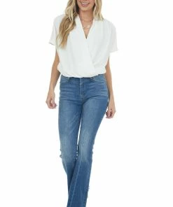 143 Story White Surplice Blouson Textured Woven Bodysuit Tops