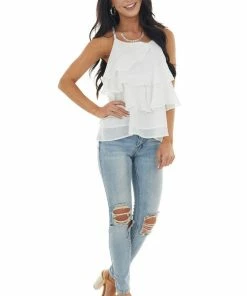 Entro White Thread Printed Sleeveless Ruffle Blouse With Racerback Tops