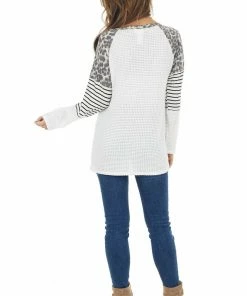 BiBi White Waffle Knit Top With Striped And Leopard Print Contrast 26 BiBi White Waffle Knit Top With Striped And Leopard Print Contrast