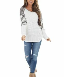 BiBi White Waffle Knit Top With Striped And Leopard Print Contrast 23 BiBi White Waffle Knit Top With Striped And Leopard Print Contrast