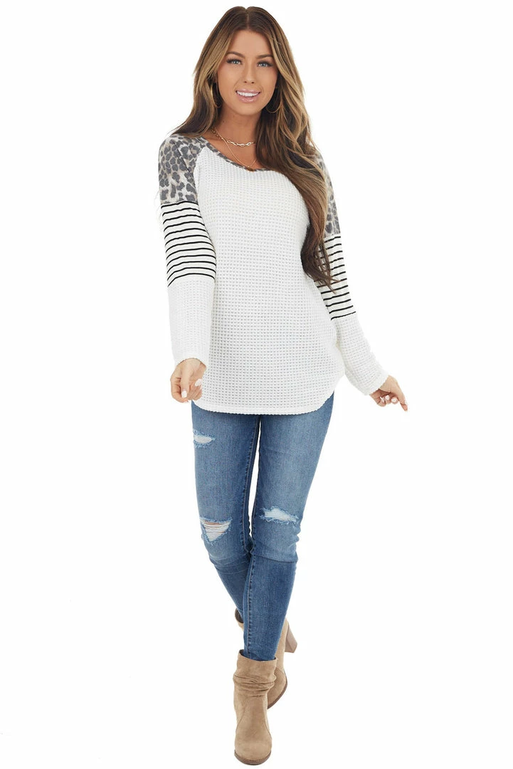 BiBi White Waffle Knit Top With Striped And Leopard Print Contrast 6 BiBi White Waffle Knit Top With Striped And Leopard Print Contrast