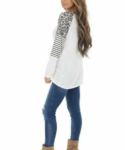 BiBi White Waffle Knit Top With Striped And Leopard Print Contrast 25 BiBi White Waffle Knit Top With Striped And Leopard Print Contrast