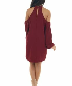 Lime Lush Wine Cold Shoulder Keyhole Long Sleeve Dress
