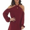 Lime Lush Wine Cold Shoulder Keyhole Long Sleeve Dress