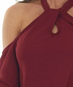 Lime Lush Wine Cold Shoulder Keyhole Long Sleeve Dress