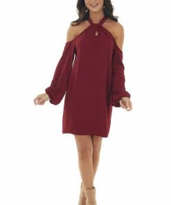 Lime Lush Wine Cold Shoulder Keyhole Long Sleeve Dress