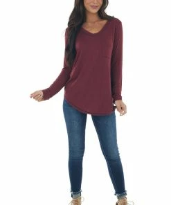 143 Story Wine Exposed Stitch Chest Pocket Knit Top Tops