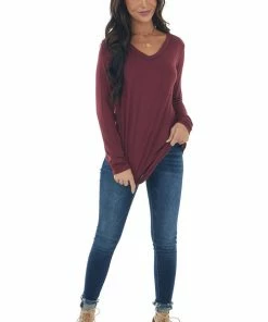 143 Story Wine Exposed Stitch Chest Pocket Knit Top Tops