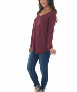 143 Story Wine Exposed Stitch Chest Pocket Knit Top Tops
