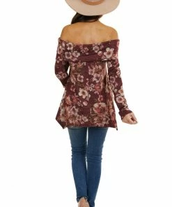 Kye Mi Wine Floral Print Long Sleeve Top With Folded Off Shoulder Tops