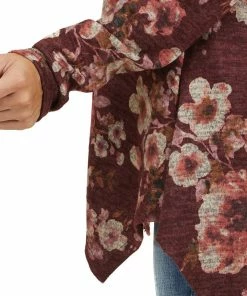 Kye Mi Wine Floral Print Long Sleeve Top With Folded Off Shoulder Tops