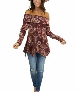 Kye Mi Wine Floral Print Long Sleeve Top With Folded Off Shoulder Tops