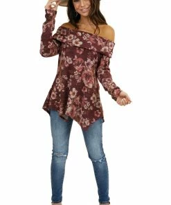 Kye Mi Wine Floral Print Long Sleeve Top With Folded Off Shoulder Tops