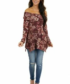 Kye Mi Wine Floral Print Long Sleeve Top With Folded Off Shoulder Tops