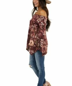 Kye Mi Wine Floral Print Long Sleeve Top With Folded Off Shoulder Tops