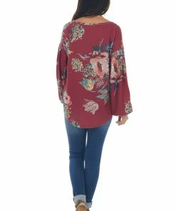 Umgee Wine Floral Waffle Knit Bubble Sleeve Top