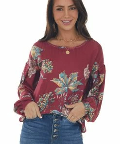 Umgee Wine Floral Waffle Knit Bubble Sleeve Top
