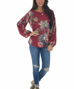 Umgee Wine Floral Waffle Knit Bubble Sleeve Top