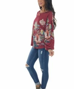 Umgee Wine Floral Waffle Knit Bubble Sleeve Top