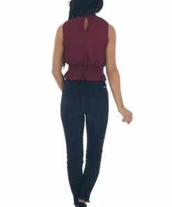 She + Sky Tops Wine Jacquard Sleeveless Mock Neck Peplum Top