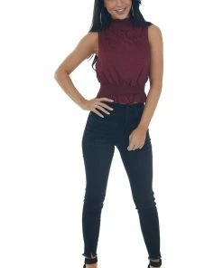 She + Sky Tops Wine Jacquard Sleeveless Mock Neck Peplum Top