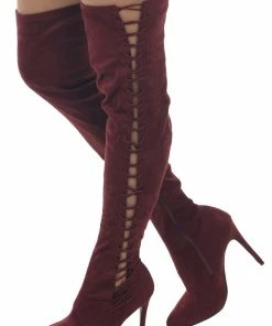 JP ORIGINAL CORP Wine Lace Up Thigh High Stiletto Suede Boots