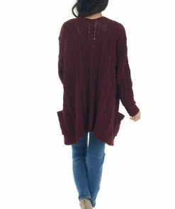 Style Melody Wine Long Sleeve Cable Knit Cardigan