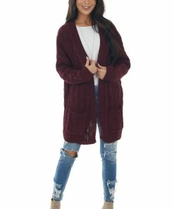 Style Melody Wine Long Sleeve Cable Knit Cardigan