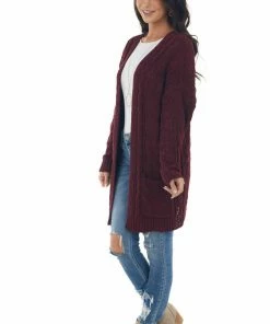 Style Melody Wine Long Sleeve Cable Knit Cardigan