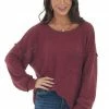 BiBi Wine Loose Waffle Knit Chest Pocket Top