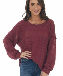 BiBi Wine Loose Waffle Knit Chest Pocket Top