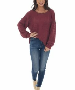 BiBi Wine Loose Waffle Knit Chest Pocket Top
