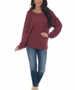 BiBi Wine Loose Waffle Knit Chest Pocket Top