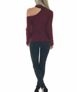 Lush Clothing Wine Mock Neck Cold Shoulder Top Tops