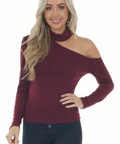 Lush Clothing Wine Mock Neck Cold Shoulder Top Tops