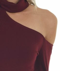 Lush Clothing Wine Mock Neck Cold Shoulder Top Tops