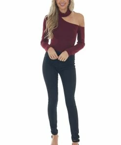 Lush Clothing Wine Mock Neck Cold Shoulder Top Tops