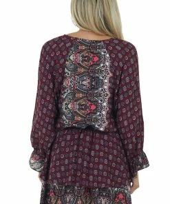 Umgee Wine Multiprint Surplice Long Sleeve Tiered Short Dress