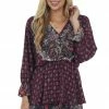 Umgee Wine Multiprint Surplice Long Sleeve Tiered Short Dress