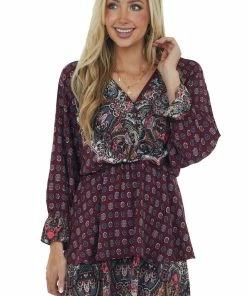 Umgee Wine Multiprint Surplice Long Sleeve Tiered Short Dress
