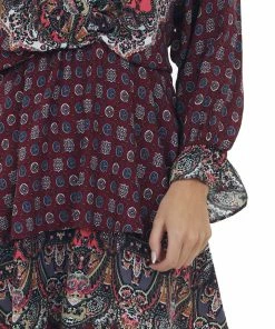 Umgee Wine Multiprint Surplice Long Sleeve Tiered Short Dress