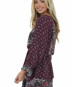Umgee Wine Multiprint Surplice Long Sleeve Tiered Short Dress