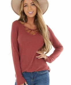 Lovely Melody Tops Rust Ribbed Long Sleeve Knit Top With Caged Neckline